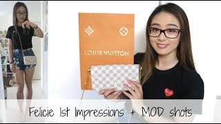 Louis Vuitton Pochette Felicie Monogram&Damier Azur Wear&tear, review, what  fits&Tory Burch Fleming 