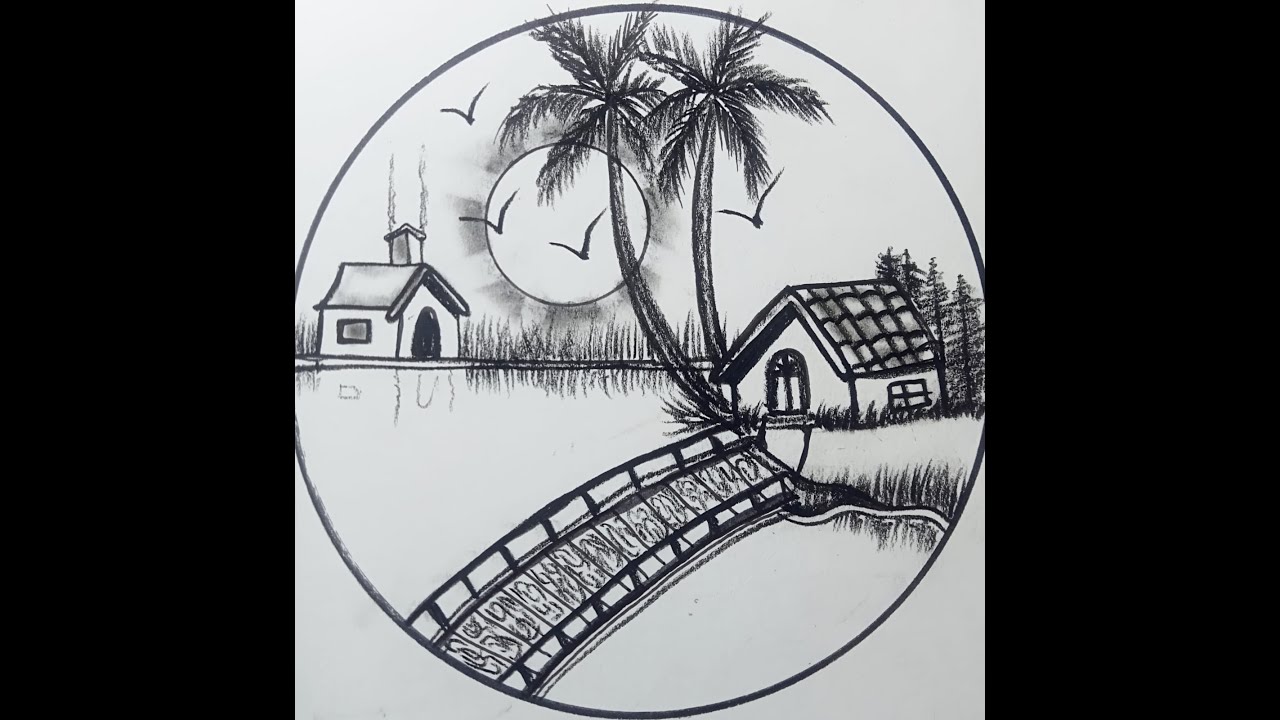 How to draw house circle scenery || Lake view || خوبصورت منظر  ||