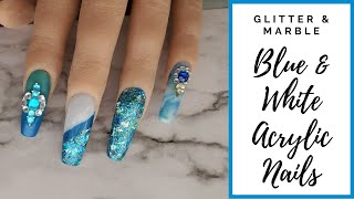 BLUE &amp; WHITE MARBLE GLITTER NAILS | Nail Tutorial | The Polished Lily
