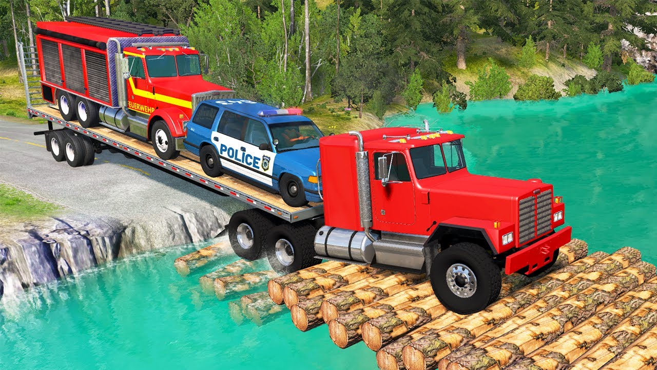 Flatbed Trailer Truck Rescue Fire Truck and Police Car Cars vs