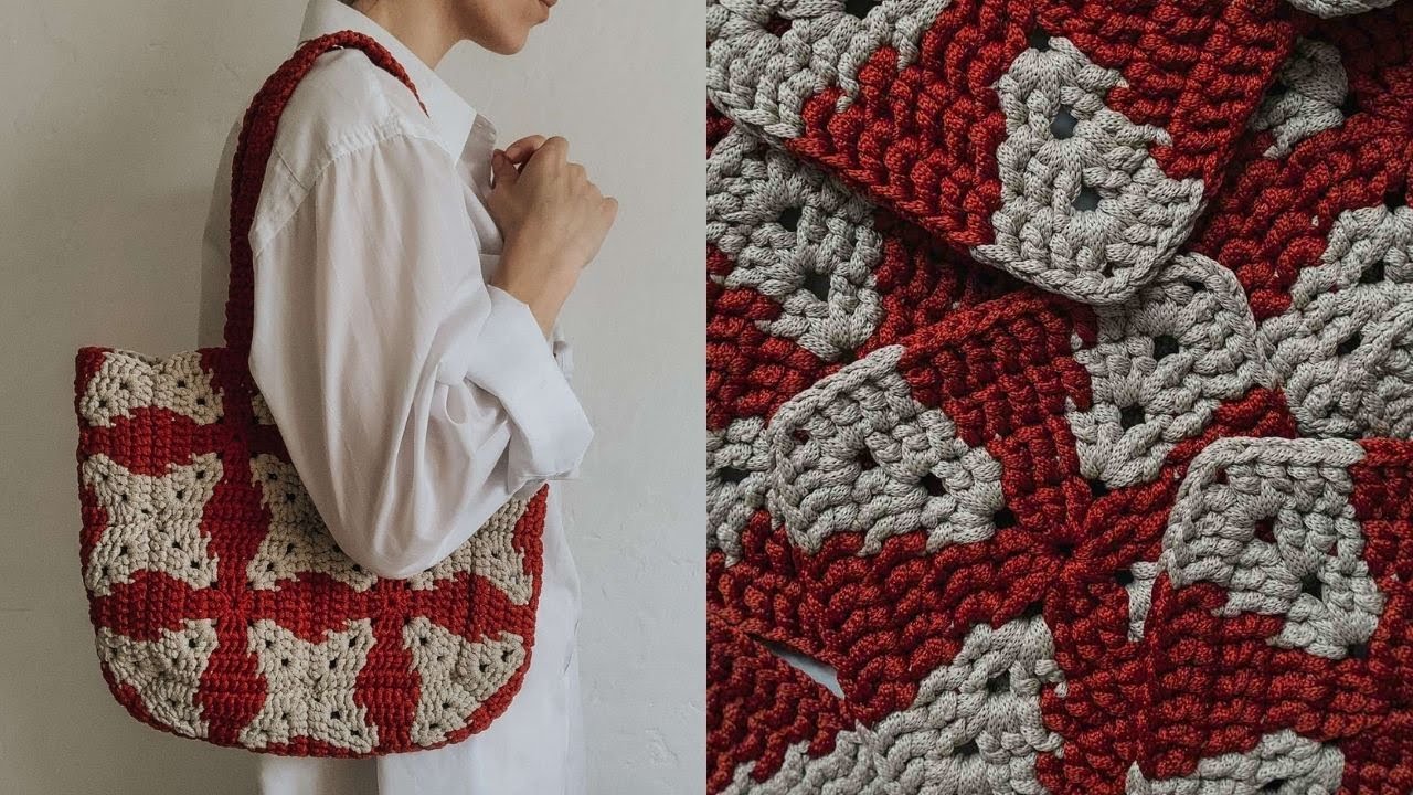Яркая вязаная сумка Калейдоскоп из жаккардовых квадратов крючком, Crochet square tote bag.