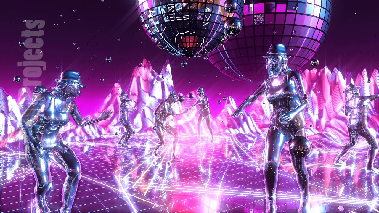 Beautiful girls dancing and moving on the neon dance planet. Loopable