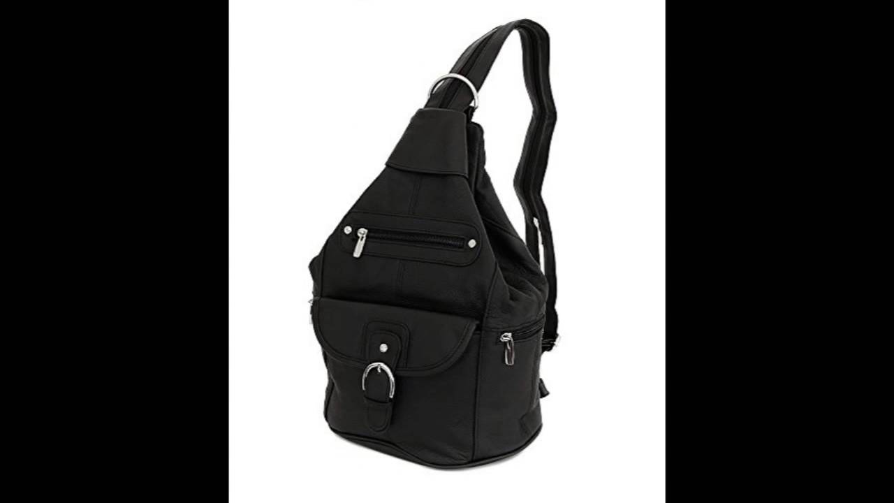 Womens Leather Convertible 7 Pocket Medium Size Tear Drop Sling Backpack Purse Bag Black - YouTube