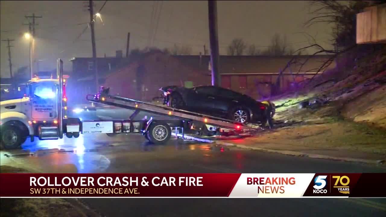 Person rescued after rollover crash and car fire in southwest OKC - YouTube