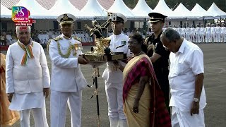 President Droupadi Murmu presents the President’s Colour to INS Dronacharya in Kochi