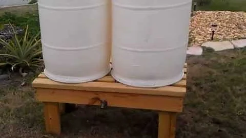 Double Rain Barrels With Wood Stand