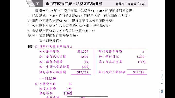 公司在編製11月30日之銀行存款調節表後公司之調整分錄中借記應收帳款貸記銀行存款試問此一分錄表示銀行存款調節表中那一項目之調整