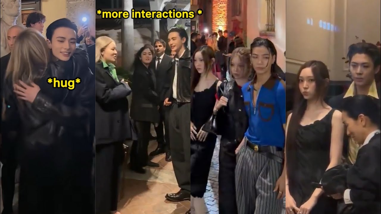 Stray Kids Hyunjin and AllDay Project interactions at Versace SS26 in Milan 스트레이 키즈 현진과 올데이 프로젝트의