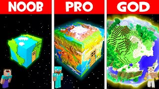 SECRET BASE INSIDE PLANET BUILD CHALLENGE! EARTH PLANET HOUSE in Minecraft NOOB vs PRO vs GOD!