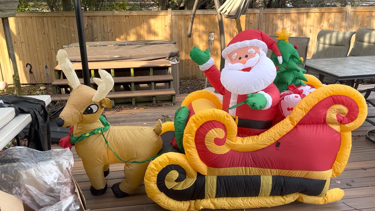 RARE Gemmy 2010 7ft Long Animated Christmas Inflatable Santa Sleigh W/ Reindeer