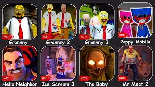 Grannny sponge,Granny 2,3,Poppy Mobile,Hello Neighbor,Ice Scream 3,The Baby In Yellow,Mr Meat 2