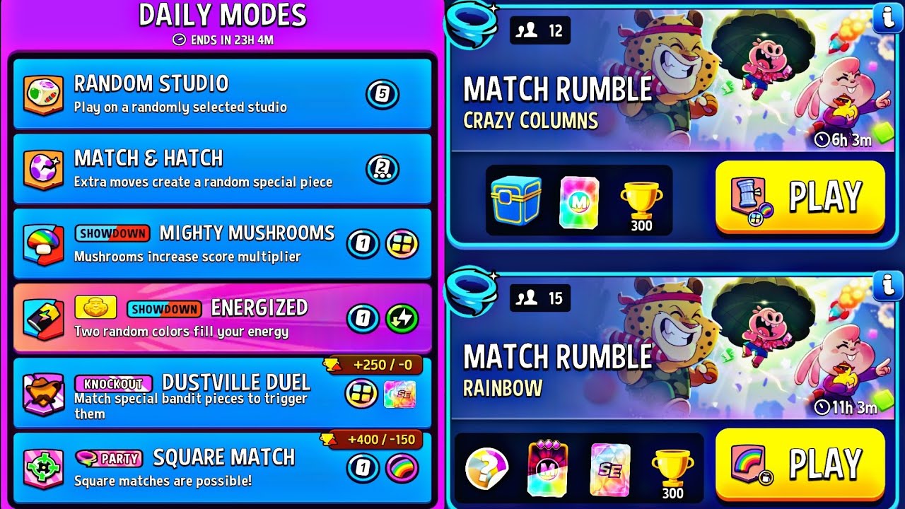 Daily modes & rumble | party square | mighty show down | crazy columns square | rainbow blow em up