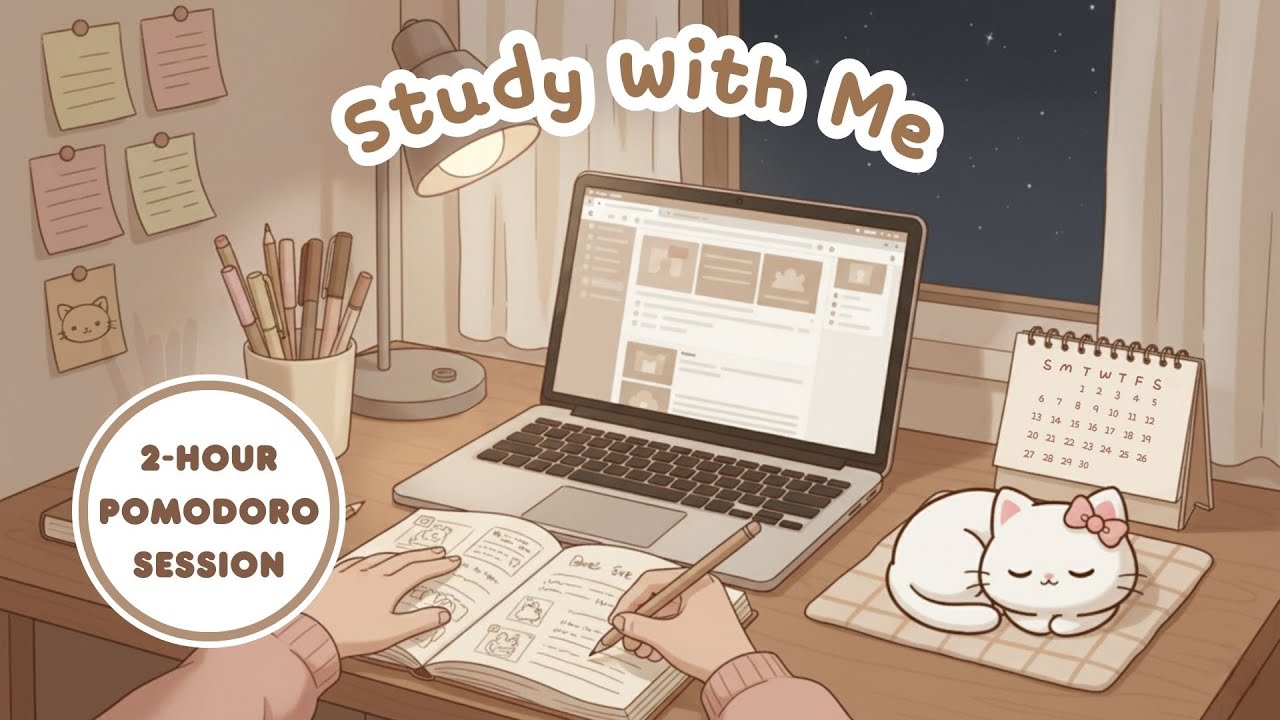 2-Hour Focus Session | 25/5 Pomodoro Timer | Lofi Music | Study Session with Cat 🐱