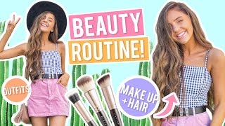 BEAUTY ROUTINE! Everyday Makeup, Hair + Outfit Ideas 2017! Pamper Routine + Easy Beach Curls