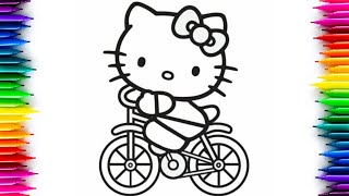 hello kitty riding bicycle 🚲 drawing and coloring for kids and toddlers