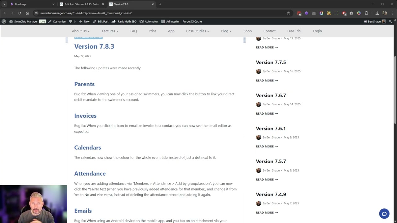 SwimClub Manager version 7.8.3 updates