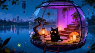Dreamy Floating Glass Room 🌙🐈‍ | Lofi Cat Relax & Study [Rainy Lake & Cozy Lights] screenshot 3