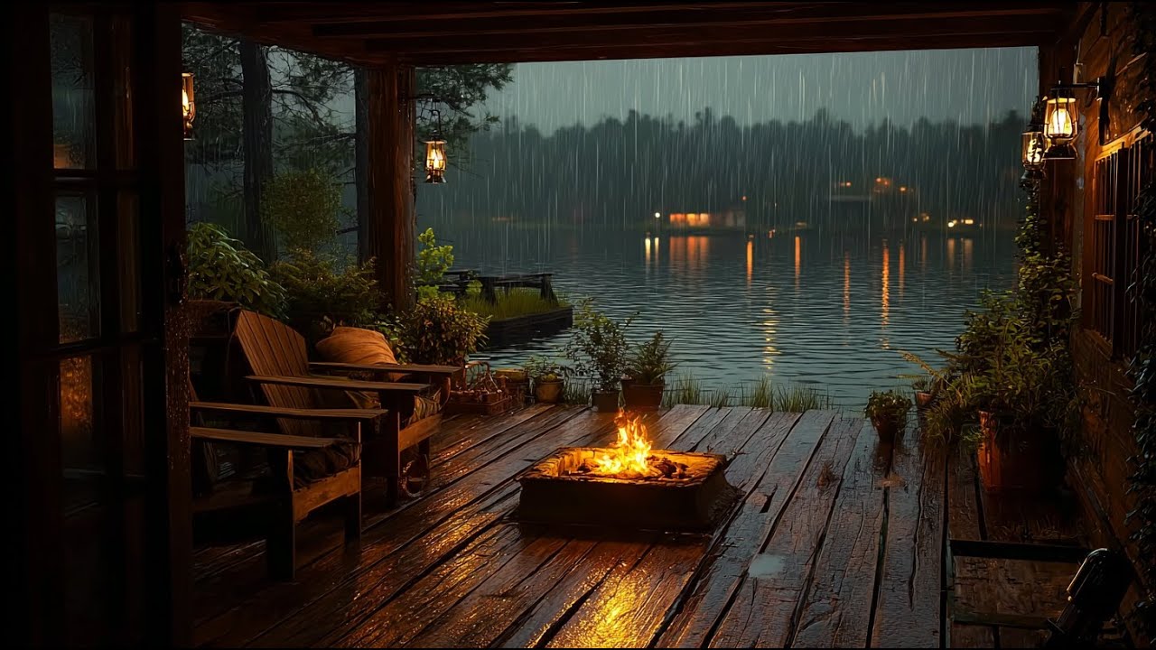 Cozy Lakeside Cabin in Heavy Rain 🌧🔥 | Relaxing Rain and Fire Sounds ...