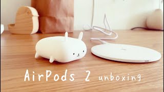 Apple AirPods 2 unboxing + Setup + accessories (cute bunny AirPod case & wireless charger)