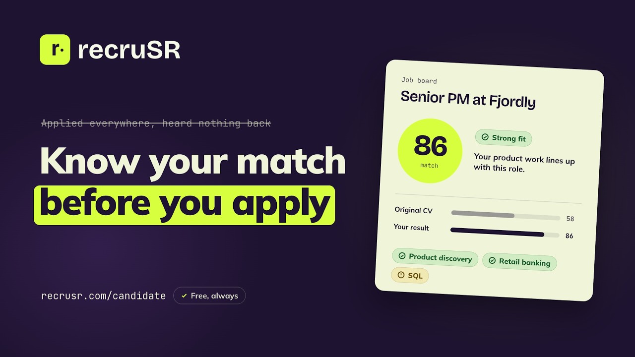 Recrusr candidate app video: know your match before you apply, with a match score of 86 for a senior PM role