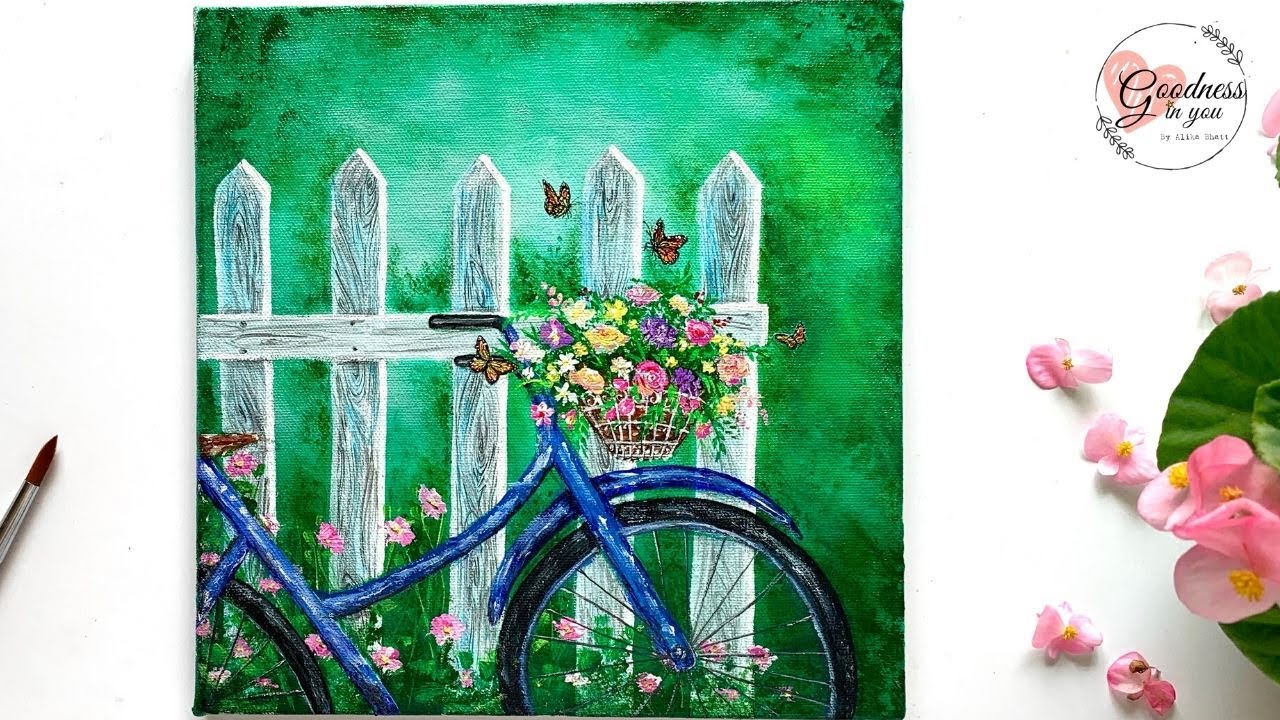 Welcome Spring A Bicycle Near A Fence Acrylic Painting For Beginners Youtube Bicycle Painting Painting Acrylic Painting For Beginners