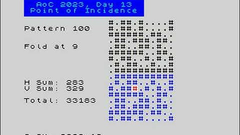 Advent of Code, Day 13, 2023 Visualized on ZX Spectrum [FUSE]