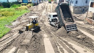 Great Job Work Fill Sand Dump Truck 5T, Loading Sand Bulldozer Pushing Into Huge Lake Completed 100%