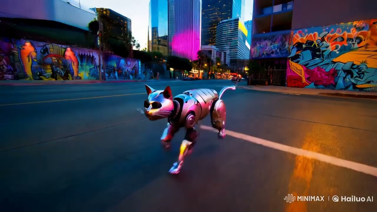 Robot cat walking through streets of Los Angeles. AI generated 