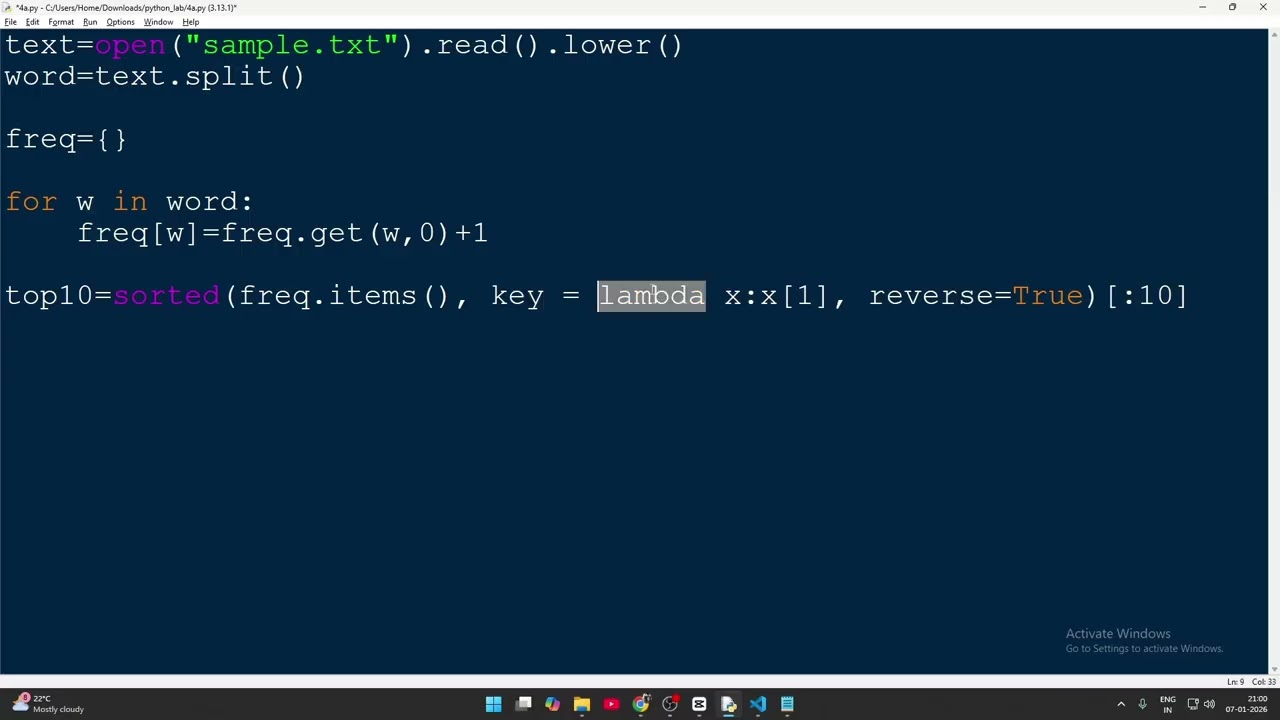 Python Program to Find Top 10 Frequent Words in a File | VTU Q4 | 1BPLC105B