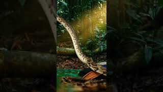Forest python ambushes peacock on ground, swift coil, feathers