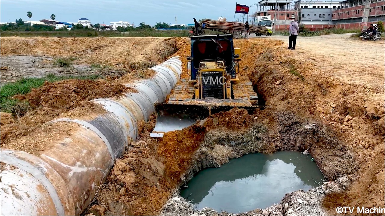 Massive First Step Repair & Install Huge Sewer Drain Pipe BY KOMATSU D41P Cutting Slope Cleaning