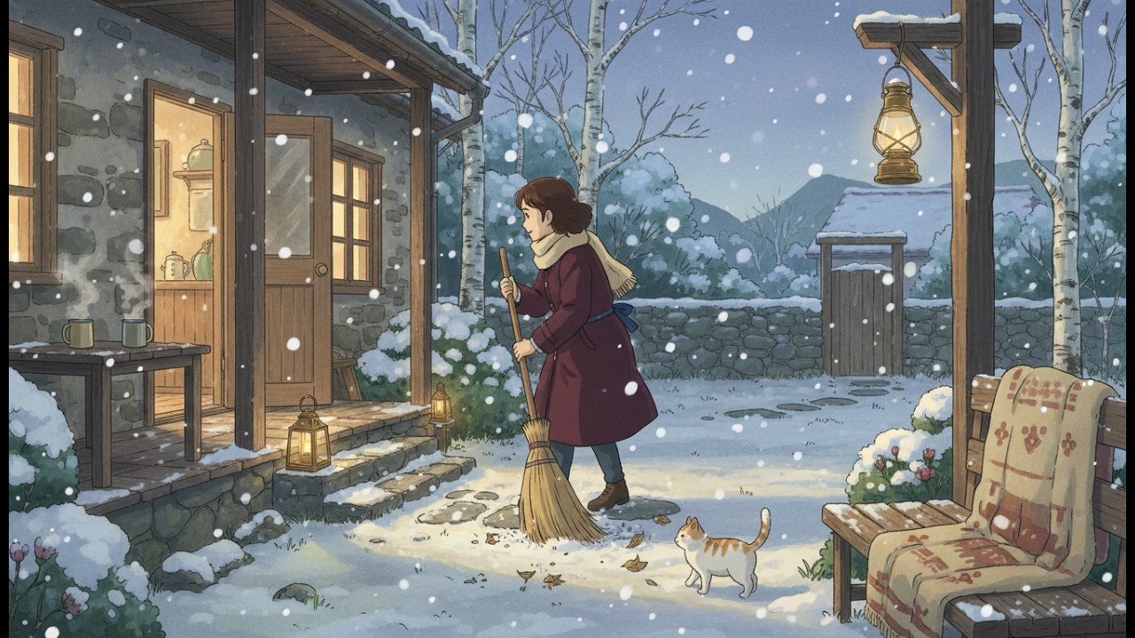 The First Snow in Our Quiet Village | Sweeping the Porch at Dusk ❄️🏡 | A Peaceful Life