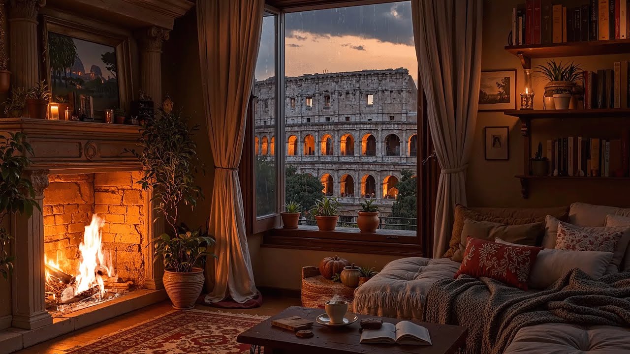 Rainy Night by the Colosseum 🌙 Cozy Rome Apartment Fireplace Ambience ...