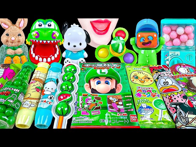ASMR GREEN CANDY💚SUPER MARIO BREAKABLE CHOCOLATE POCHACO DORAEMON 슈퍼마리오 초콜릿 포차코 캔디 먹방 EATING MUKBANG