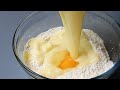 Pour batter into the flour, you'll be surprised by the result! New way to make soft buttery bread!