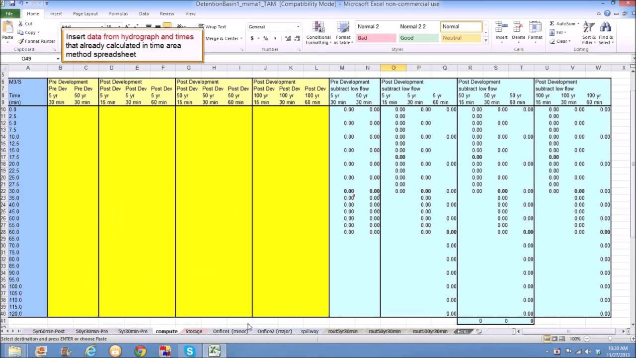 Detention Basin - Time Area Method (MSMA1) Spreadsheet in MSMA Manual Saliran Mesra Alam Malaysia