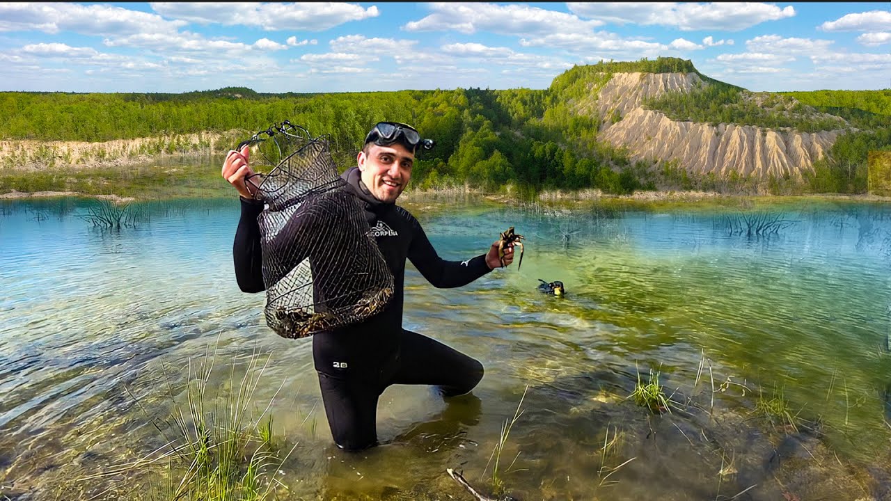 Ловля раков в затопленом лесу на карьере. Шаурма из море продуктов и раков.