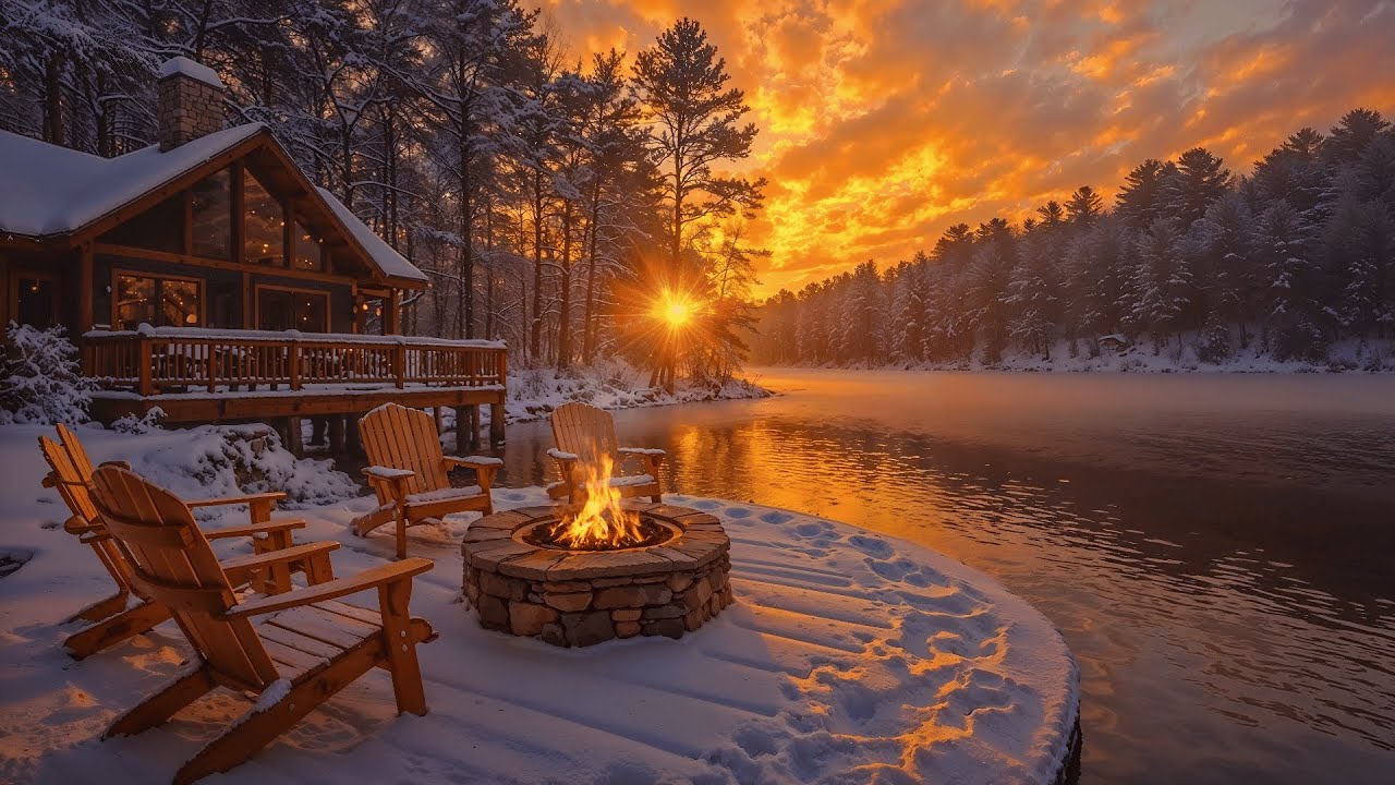 Golden Hour by the Lake: Cozy Cabin, Snowy Forest, and Relaxing Fire & Nature Sounds | Relaxing