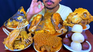 Eating Spicy Pangas Fish Curry,Mutton Chaap,Roshogollah,Mutton Boti With Rice Asmr Mukbong Show