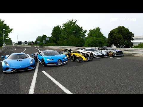 forza-7-drag-race:-renault-f1-vs-koenigsegg-one:1-vs-regera-vs-chiron-vs-hoonicorn-mustang