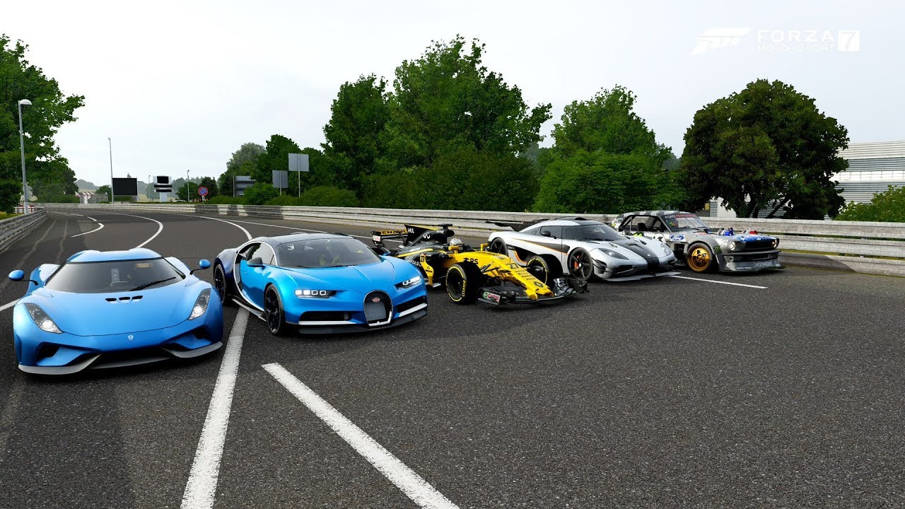 Forza 7 Drag race: Renault F1 vs Koenigsegg One:1 vs Regera vs Chiron vs Hoonicorn Mustang