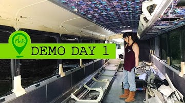 Bus Demolition Day 1 - Overhead Bin Removal - Tiny Home Bus Conversion