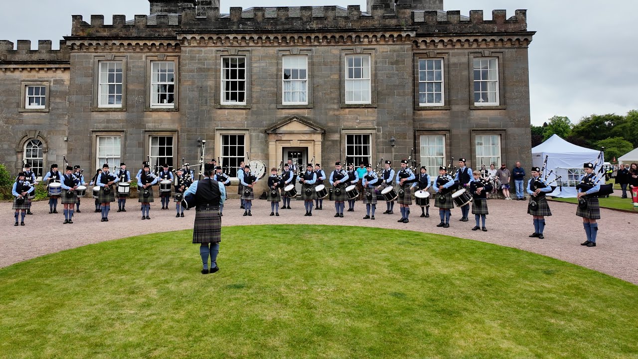 Gordonstoun Pipe Band playing The Barnyards of Delgaty during 2024 Gordon Castle Highland Games