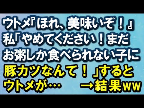 【スカッとする話】ウトメ『ほれ、美味いぞ！』私「やめてください！まだお粥しか食べられない子に豚カツなんて！」するとウトメが…→結果ｗ【スカッと便り】