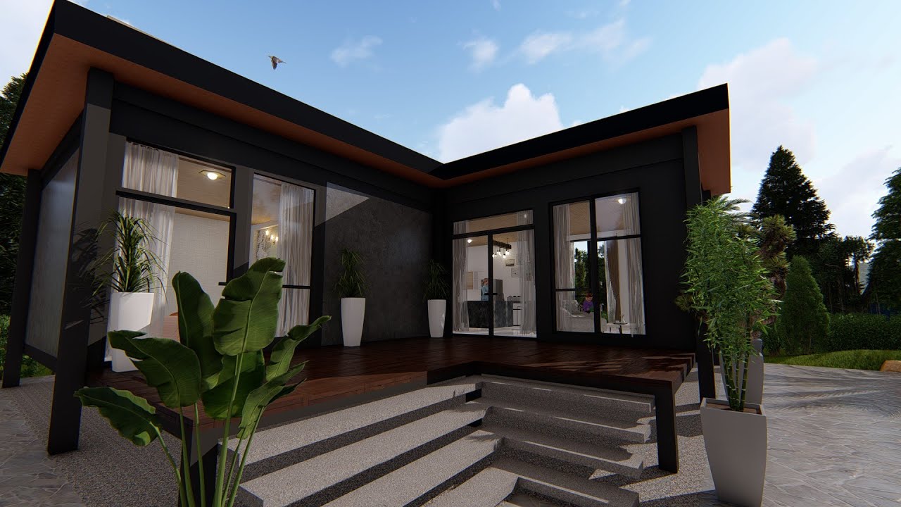 Modern L- shaped house design with 1 bedroom-3D walk through/แบบบ้านรูปตัวแอล 1ห้องนอน 1 ห้องน้ำ