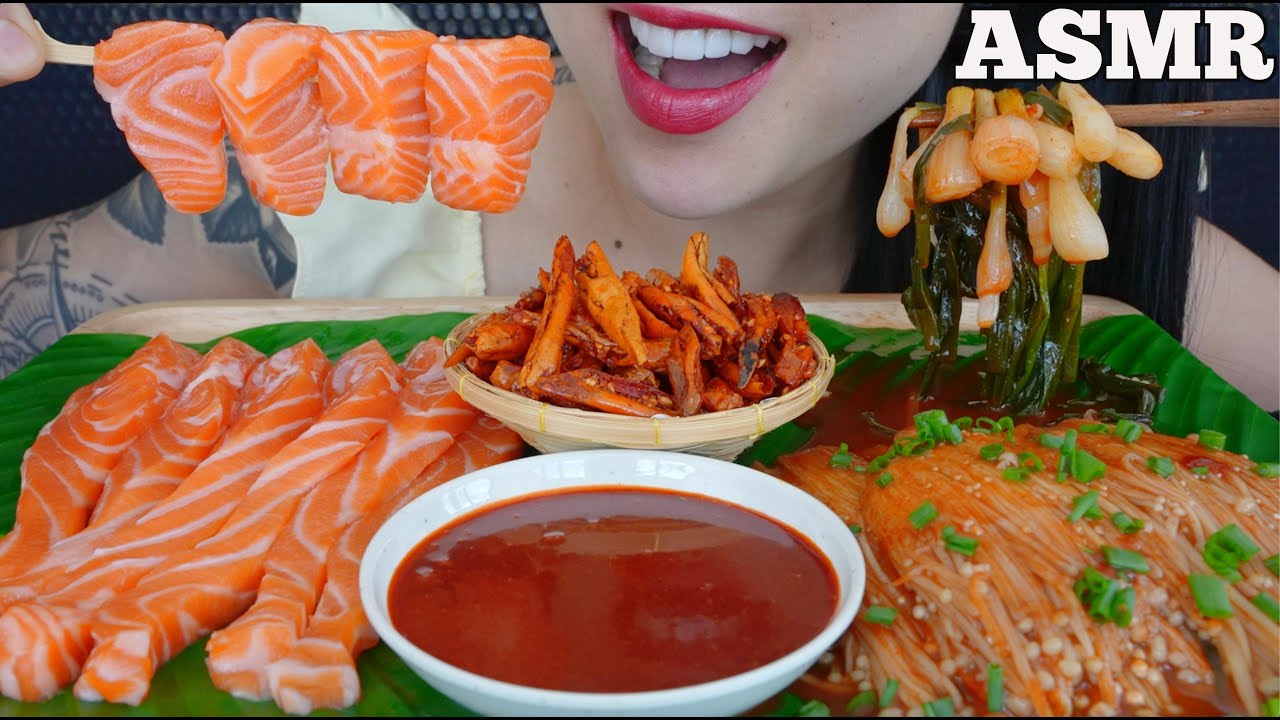 ASMR SALMON SASHIMI + ENOKI MUSHROOMS + FRIED CHILI (CRUNCHY EATING SOUNDS) NO TALKING | SAS-ASMR