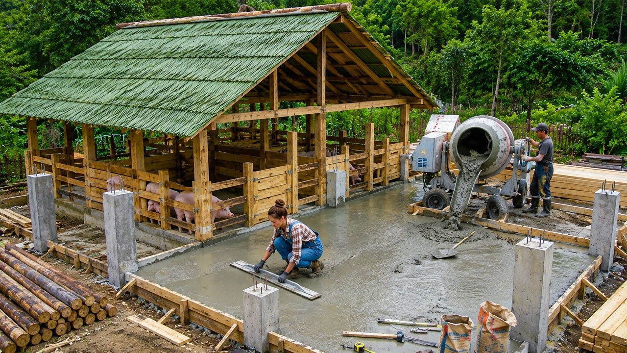 Building a Pigsty: Pouring Cement and Making a Strong Wooden Frame from ...