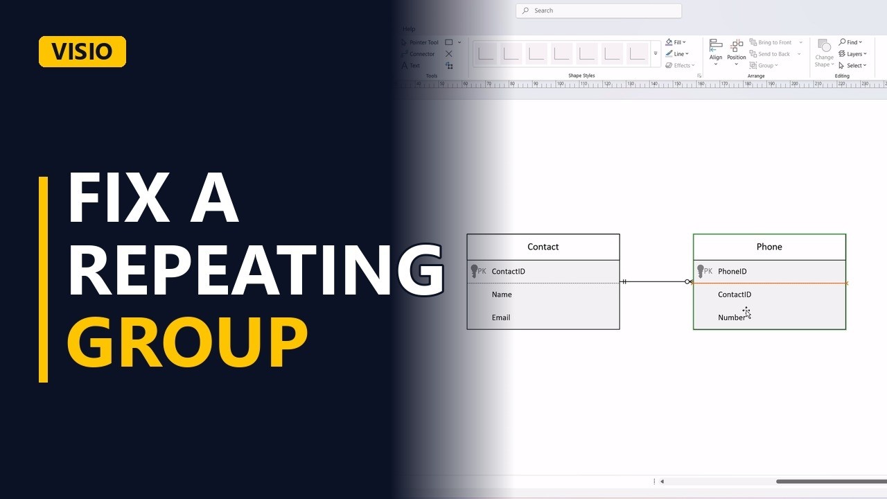 Normalization in an ER Diagram: Fix a Repeating Group (First Normal Form, Visio)