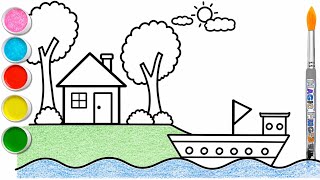 Easy House and Boat Drawing for Kids | Coloring Tutorial for Beginners | Kids Drawing Video