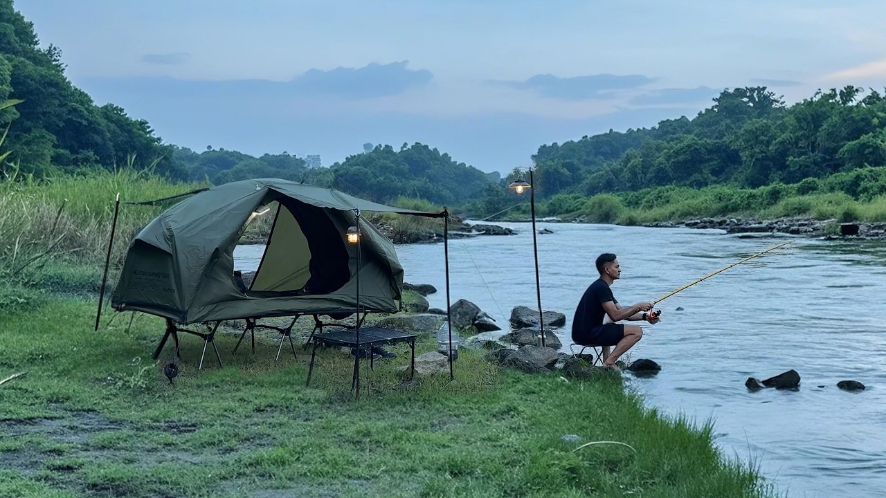 Floating Tent Camping by the River  - Fishing Catch Cook Camp